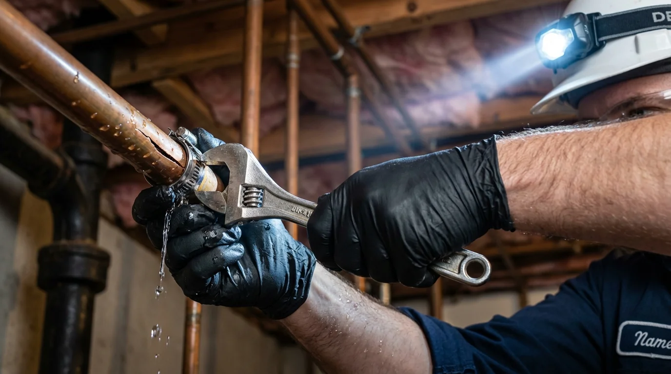 Emergency pipe clamp repair being performed by a Johns Plumbing LLC plumber in Winthrop