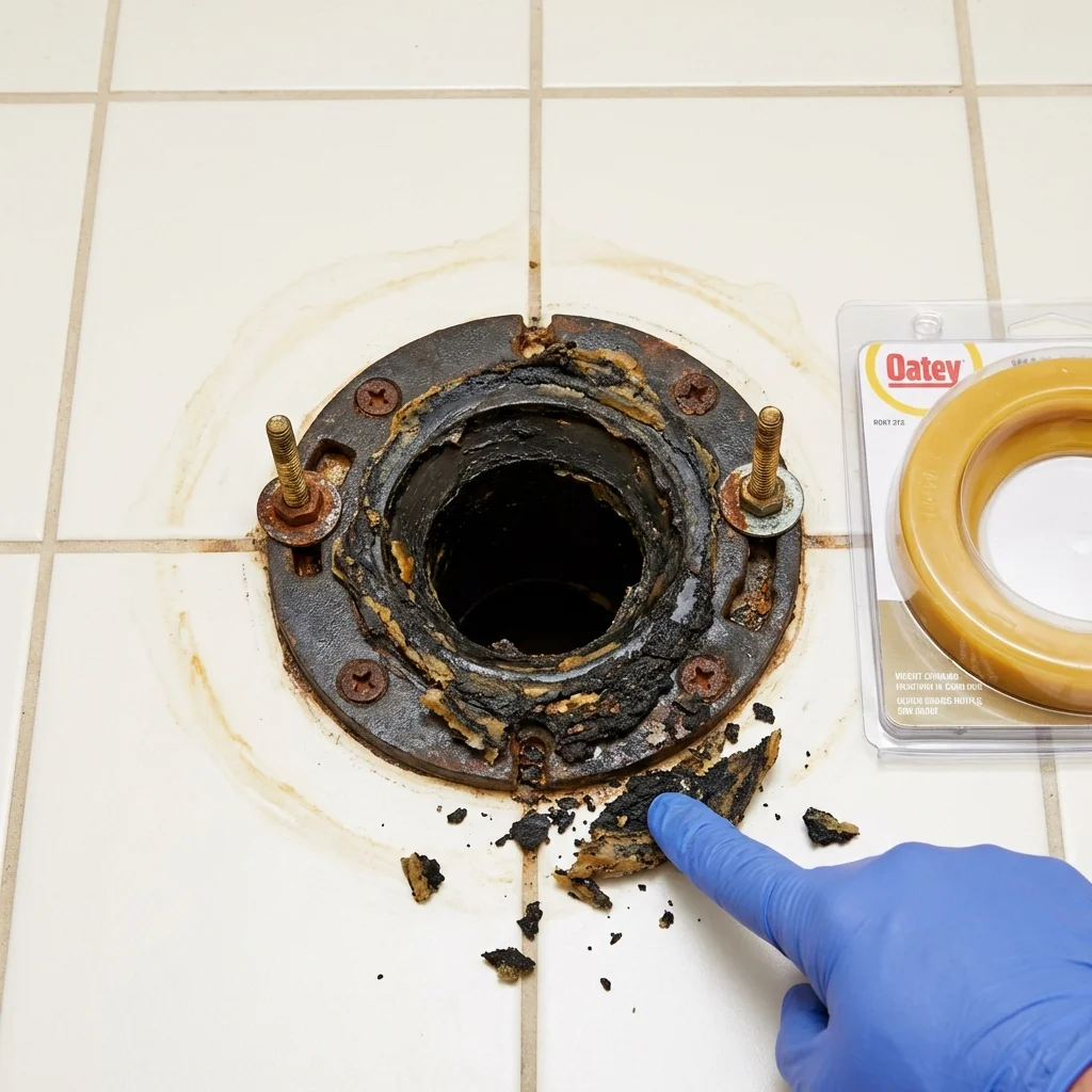 Failed wax ring showing water seepage at the base of a toilet in a Winthrop, MN home