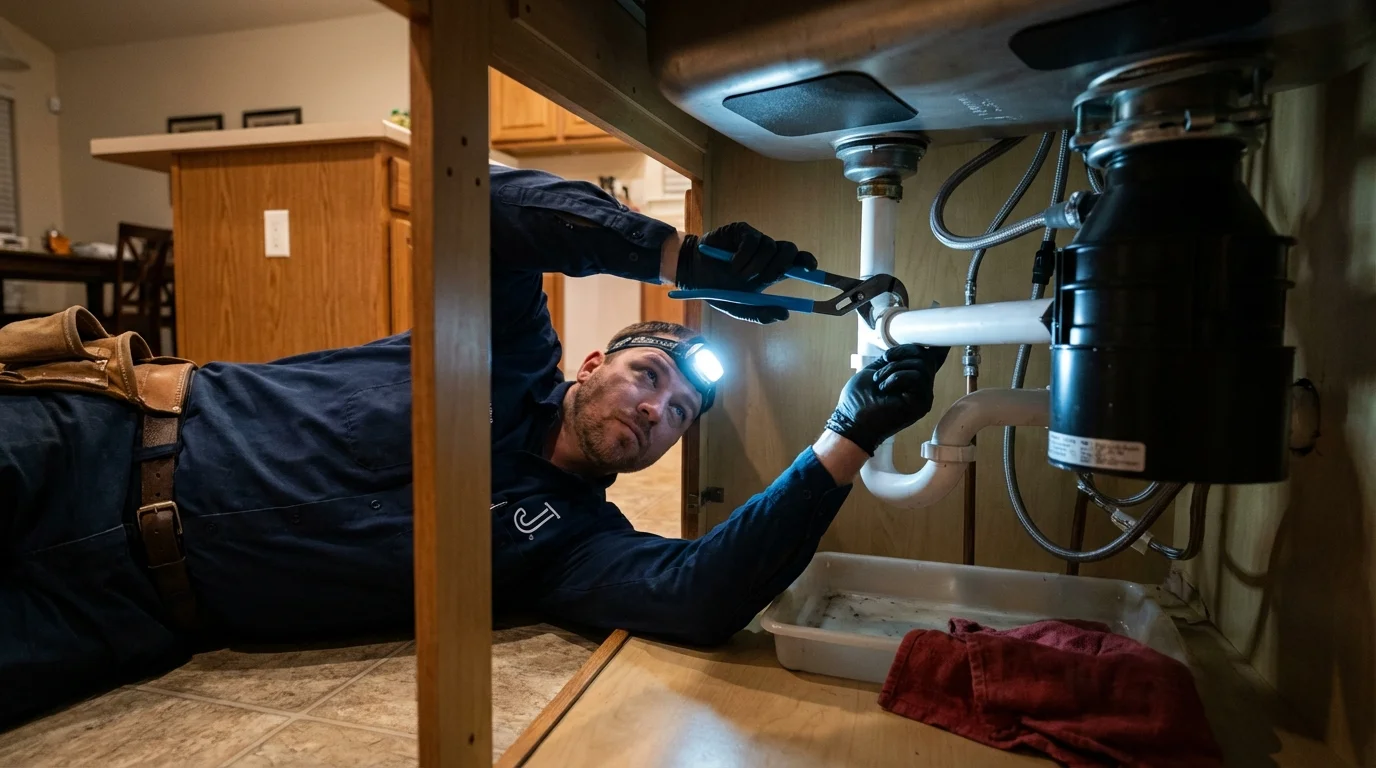 P-trap and supply line connections under a kitchen sink showing a common leak point in Winthrop, MN